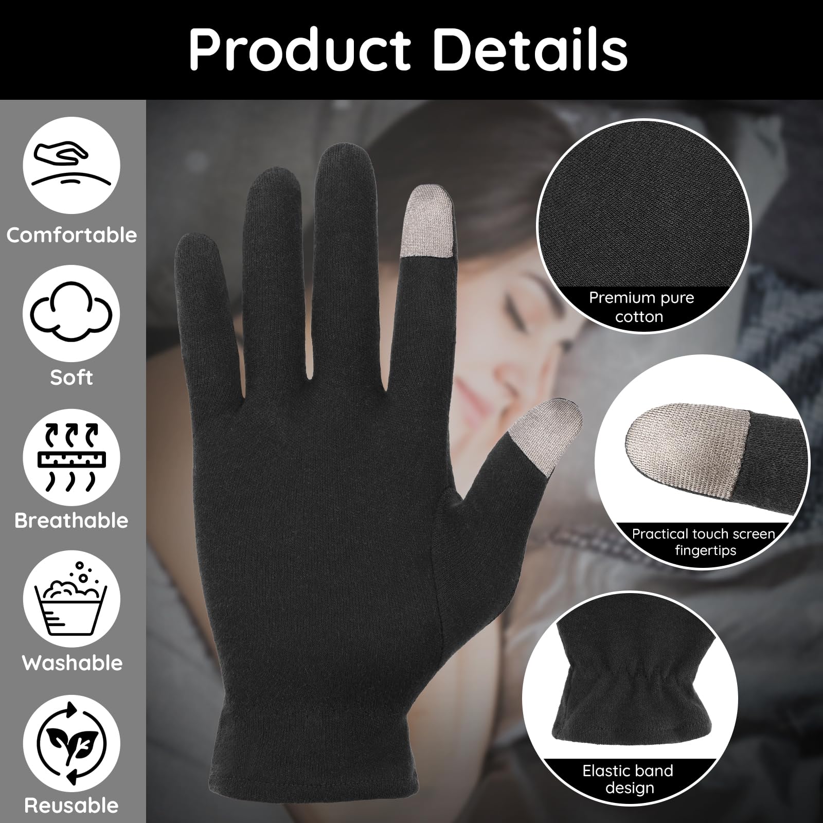 Segbeauty 8 Counts Black Cotton Gloves Touchscreen for Women and Men, 4 Pairs Hand Moisturizer Gloves with Elastic Band, Soft Sleeping Glove for Dry Hands Overnight, Spa Lotion Cotton Glove Liners