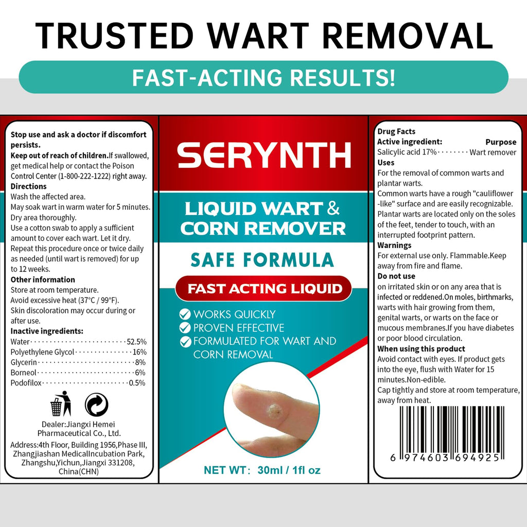 SERYNTH Salicylic Acid Wart Remover Liquid Freeze Off, Quickly Removes Plantar Warts, Corn Warts, and Finger Warts. Maximum Strength Formula - 17%, Painless & Safe, Effective, Scar-Free Solution.
