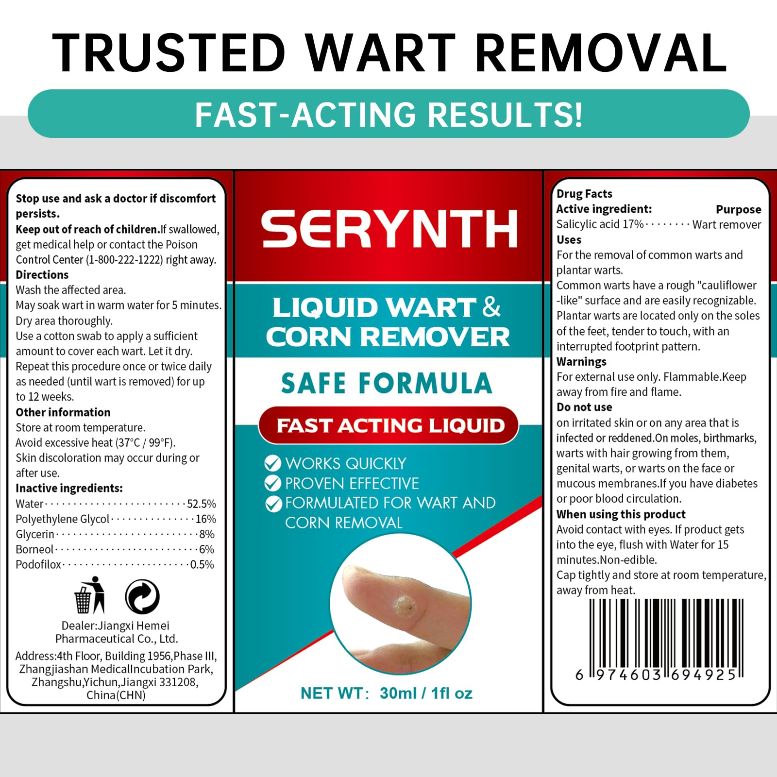 SERYNTH Salicylic Acid Wart Remover Liquid Freeze Off, Quickly Removes Plantar Warts, Corn Warts, and Finger Warts. Maximum Strength Formula - 17%, Painless & Safe, Effective, Scar-Free Solution.