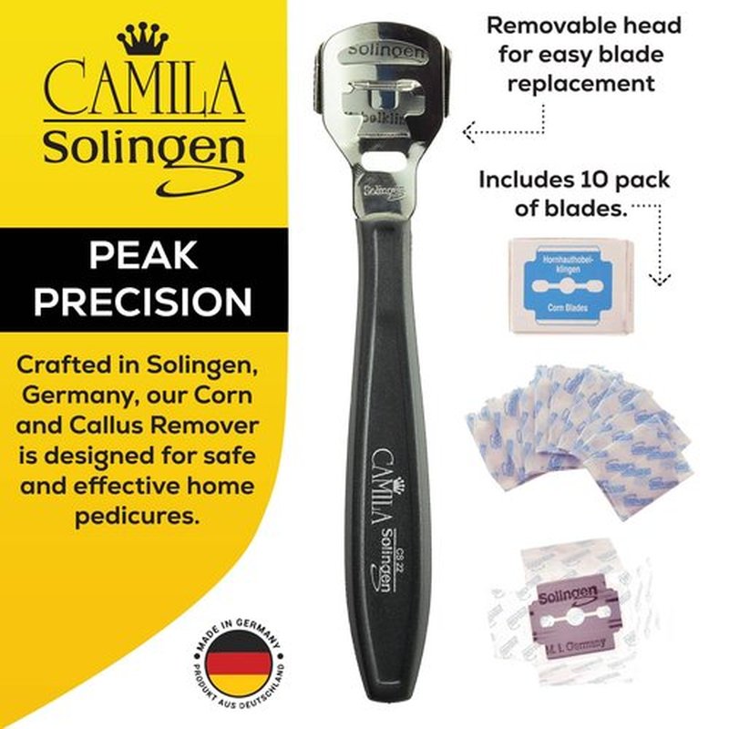 Camila Solingen CS22 5 1/2" Corn Plane Foot Callus Remover, Hard Skin Heel Shaver Pedicure Cutter Kit for Feet and 10 Spare Blades, Pedicure Tools for Healthy Foot Care Made in Solingen Germany