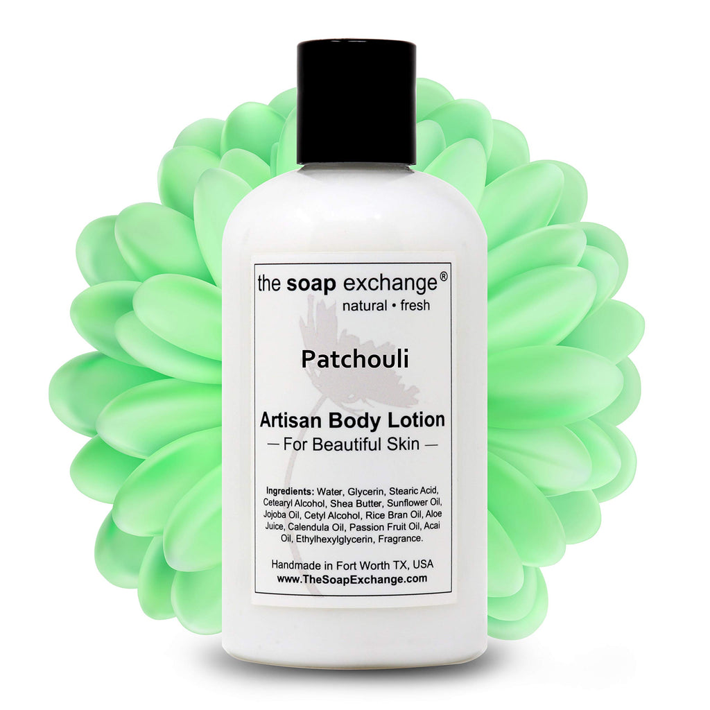 The Soap Exchange Body Lotion - Patchouli Scent - Hand Crafted 8 fl oz / 240 ml Natural Artisan Skin Care for Hand, Face, & Body, Moisturize, Hydrate, & Protect. Made in the USA.