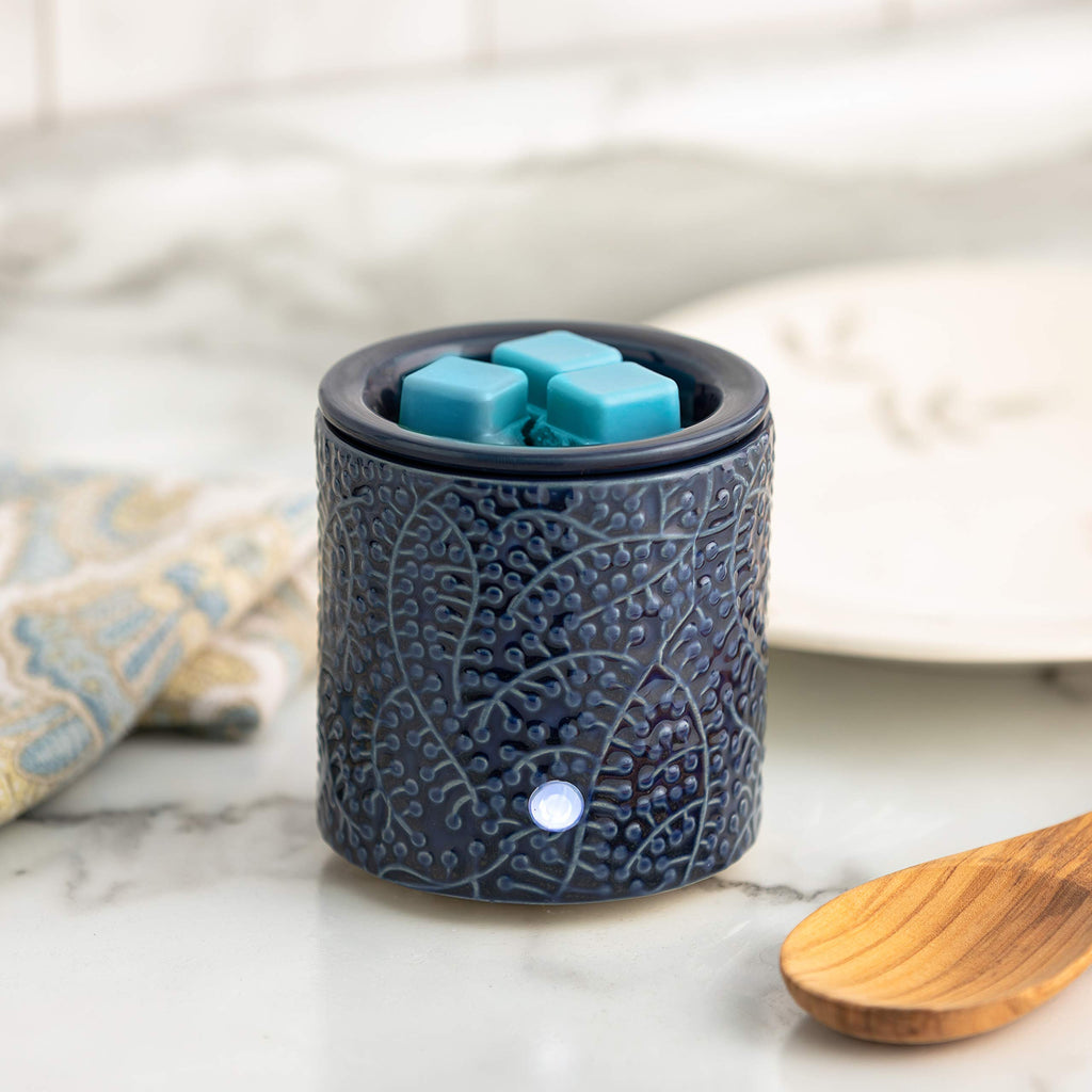 JULIE ANN HOME Blue Leaf Ceramic Candle Warmer Electric with Safety Timer | Automatic Plug in Fragrance Warmer for Scented Wax Melts, Cubes, Tarts | Air Freshener Set for Home decor, Office,&Gifts