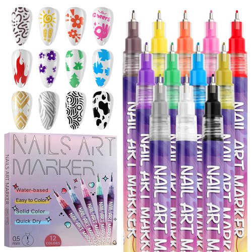 EBANKU 12 Colors Nail Art Pens Set, 3D 0.5MM Nail Polish Pens Graffiti Dotting Pen Quick-Drying Acrylic Nail Paint Liner Pen Tools for DIY Nail Art Manicure Tools