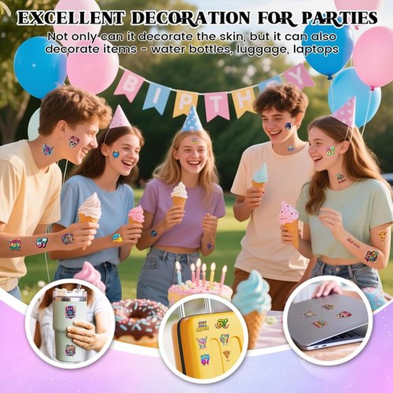 180PCS - 6 7 Temporary Tattoos, 6 7 Birthday Decorations, 67 Valentines Gift, Drip Baseball Temporary Tattoos, Ice Cream Drip Party Decorations, Baseball Drip Party Gift 15 Sheets 60 Styles