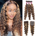 Highlight Brazilian Human Hair Bundles with Closure (12/14/16+12inch) Unprocessed Loose Deep Wave 3 Bundles Human Hair with 4x4 Swiss Lace Closure Pre Plucked, Ombre Honey Blonde Brown Curly Bundles