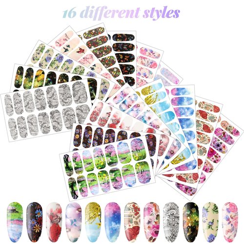224 Pieces 16 Sheets Flower Full Wrap Nail Polish Stickers Self Adhesive Nail Wraps Nail Decals Nail Polish Sticker Butterfly Flower Nail Decals for Women Nail Decoration
