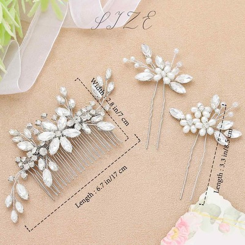 Lorealri Rhinestone Bridal Hair Combs Set - 3PCS Wedding Flower Crystal Pearl Hair Pins & Comb, Sparkling Elegant Accessories for Bride Bridesmaids Prom Formal Events