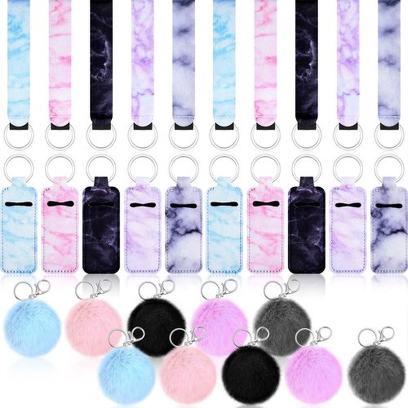 Hicarer 30 Pieces Marble Lipstick Holder Keychain Lip Balm Holder Set Lipstick Bags Set Includes Keychain Wristlet Lanyard, Marble Style Lip Balm Bag and Ball Pom Pom Accessory(Square)