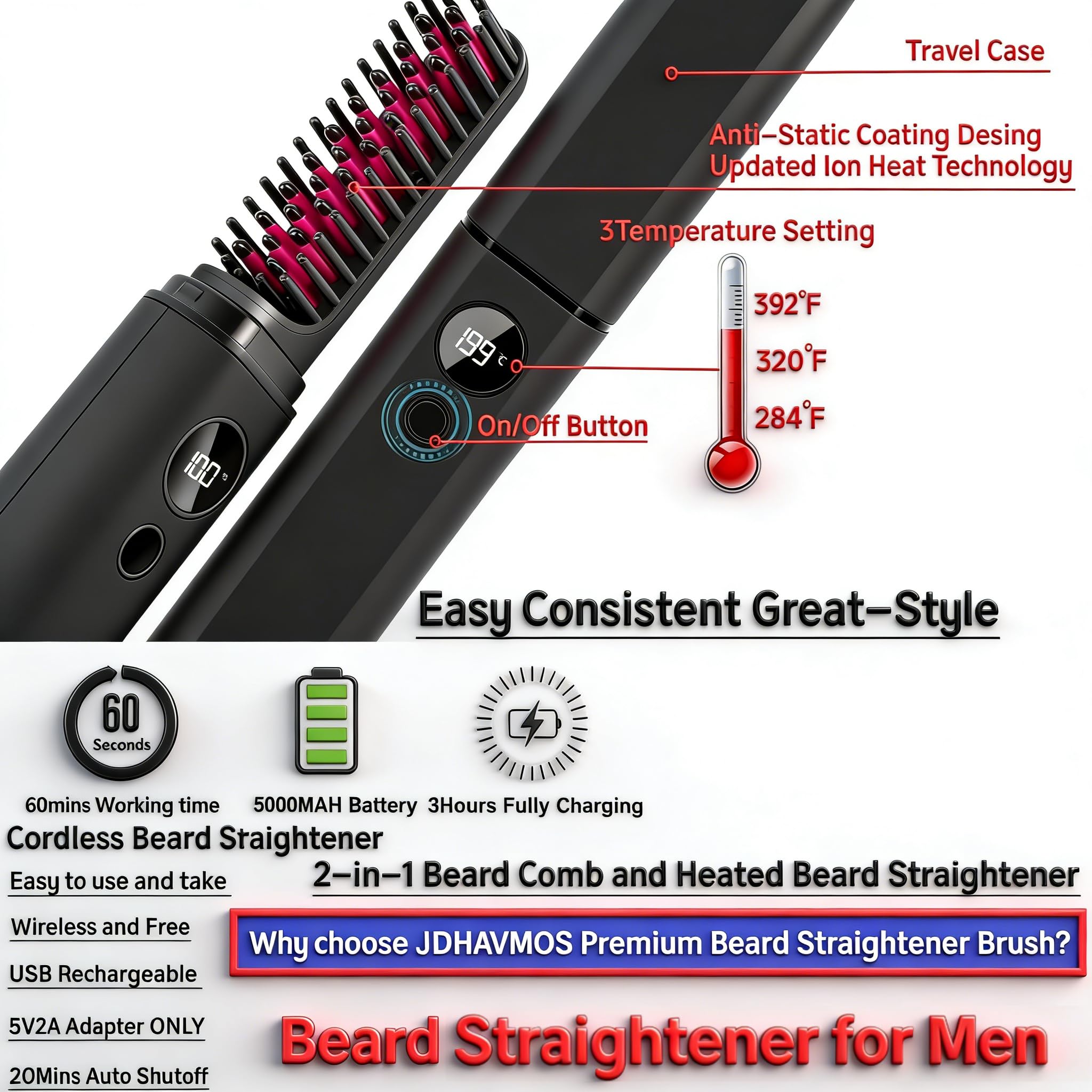 Beard Straightener for Men, Heated Beard Brush, Cordless Beard Hot Comb for Medium to Long Beards, with Travel Case, Rechargeable, 3 Temp Settings, Ionic Technology, Grooming Gift for Men(Black)