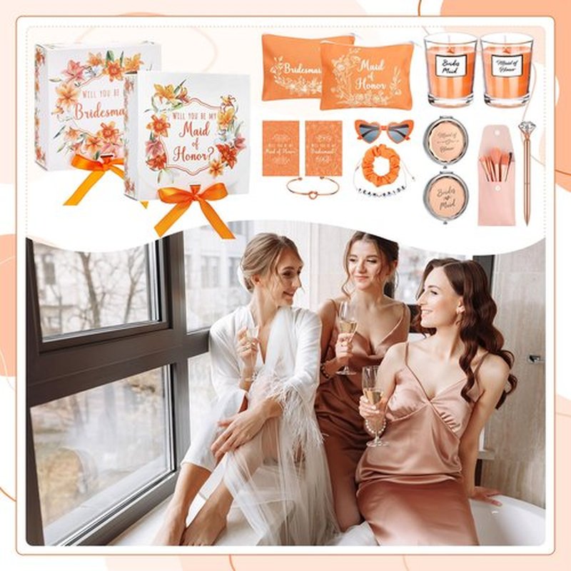 Nuogo 88 Pcs 8 Sets Bridesmaid Proposal Gift Wedding Bridesmaid Box Set Maid of Honor Gift Include Box Candle Invited Cards Scrunchies Hair Elastics Ties Knotted Bracelets Diamond Pens(Orange,Pretty)