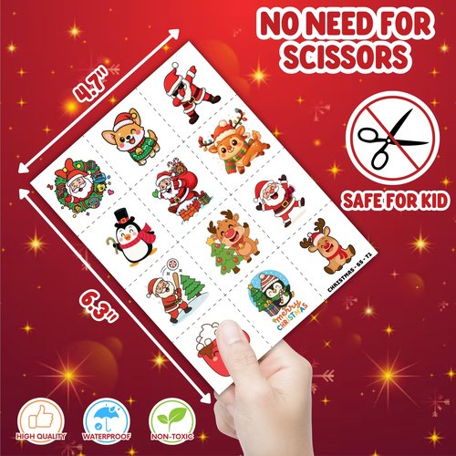 Cherisnowy Christmas Party Set (144PCS) | 72 Temporary Tattoos & 72 Slap Bracelets | Fantasy Merry Xmas Party Favors, Stocking Stuffers, Classroom Gifts & Holiday Decorations for Kids