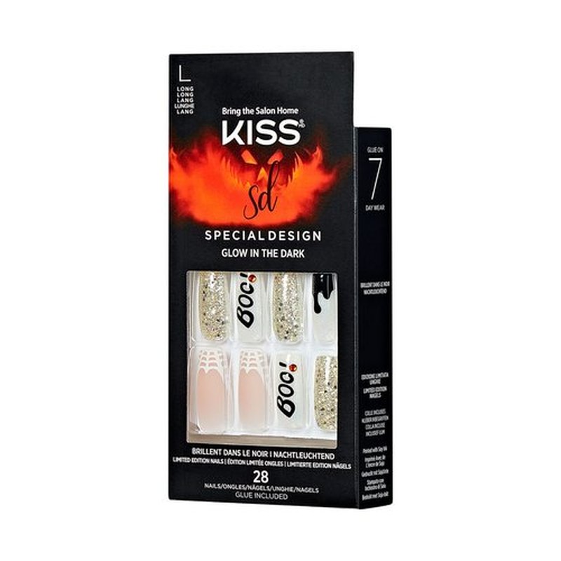 KISS Special Design Halloween Fake Nails, Glow-In-The-Dark, Style ‘Party Till I Die’, with Pink Gel Nail Glue, Mini Nail File, Manicure Stick, & 28 False Nails