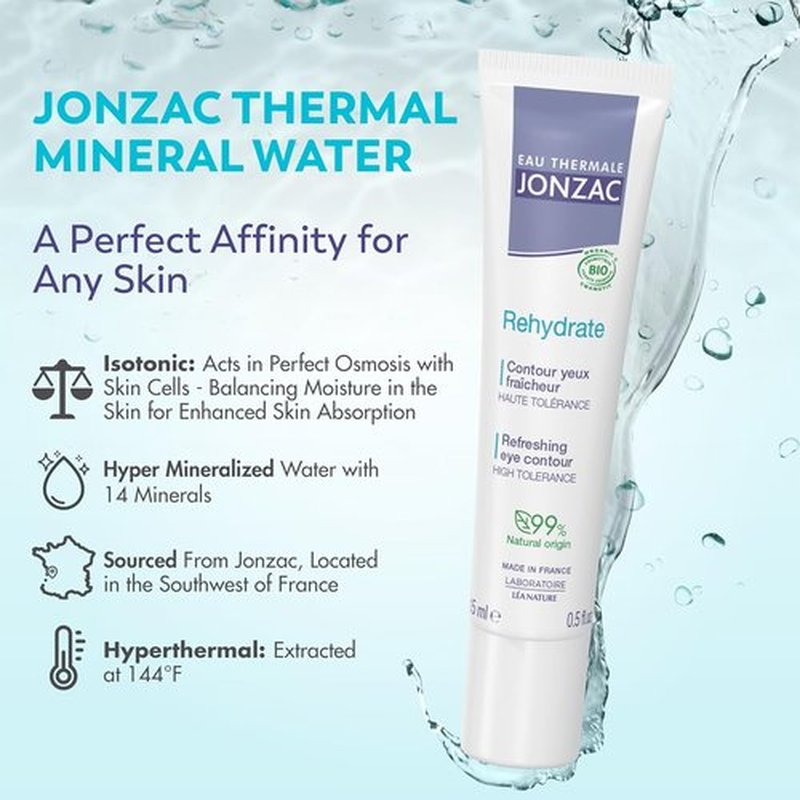 Eau Thermale Jonzac Rehydrate Eye Contour Cream - Soothing Hydration with Hyaluronic Acid for Dark Circles - 0.5 Fl Oz