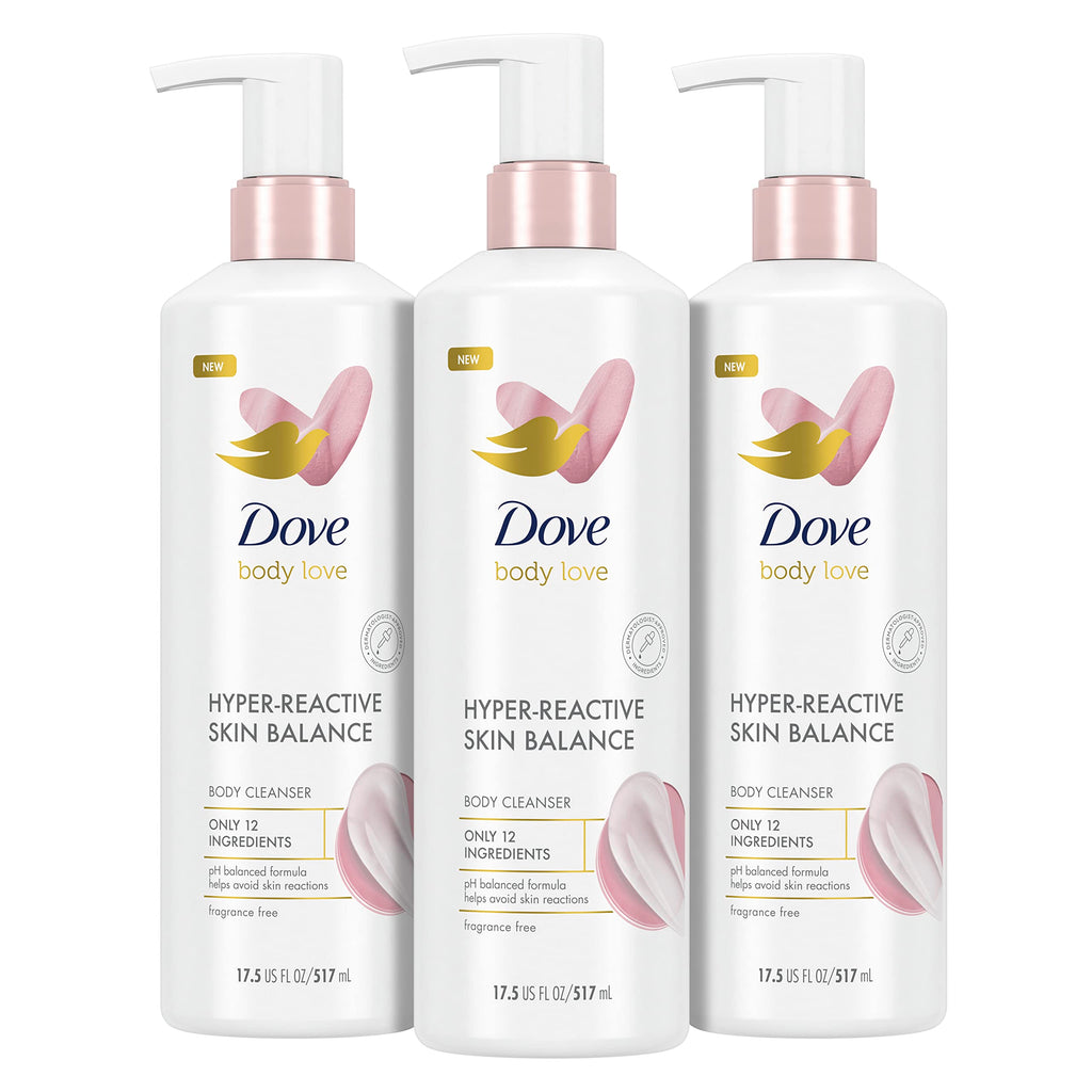 Dove Body Love Body Cleanser Reaction-Prone Skin 3 Count Hyper-Reactive Skin Balance for Ultra-Sensitive Fragrance Free Body Wash with Only 12 Ingredients 17.5 oz