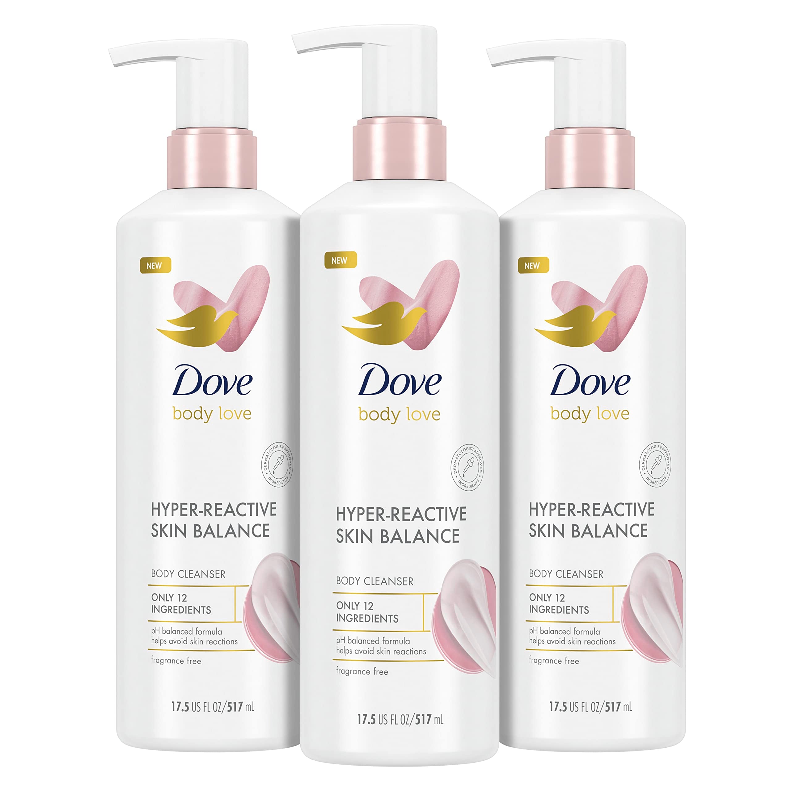 Dove Body Love Body Cleanser Reaction-Prone Skin 3 Count Hyper-Reactive Skin Balance for Ultra-Sensitive Fragrance Free Body Wash with Only 12 Ingredients 17.5 oz