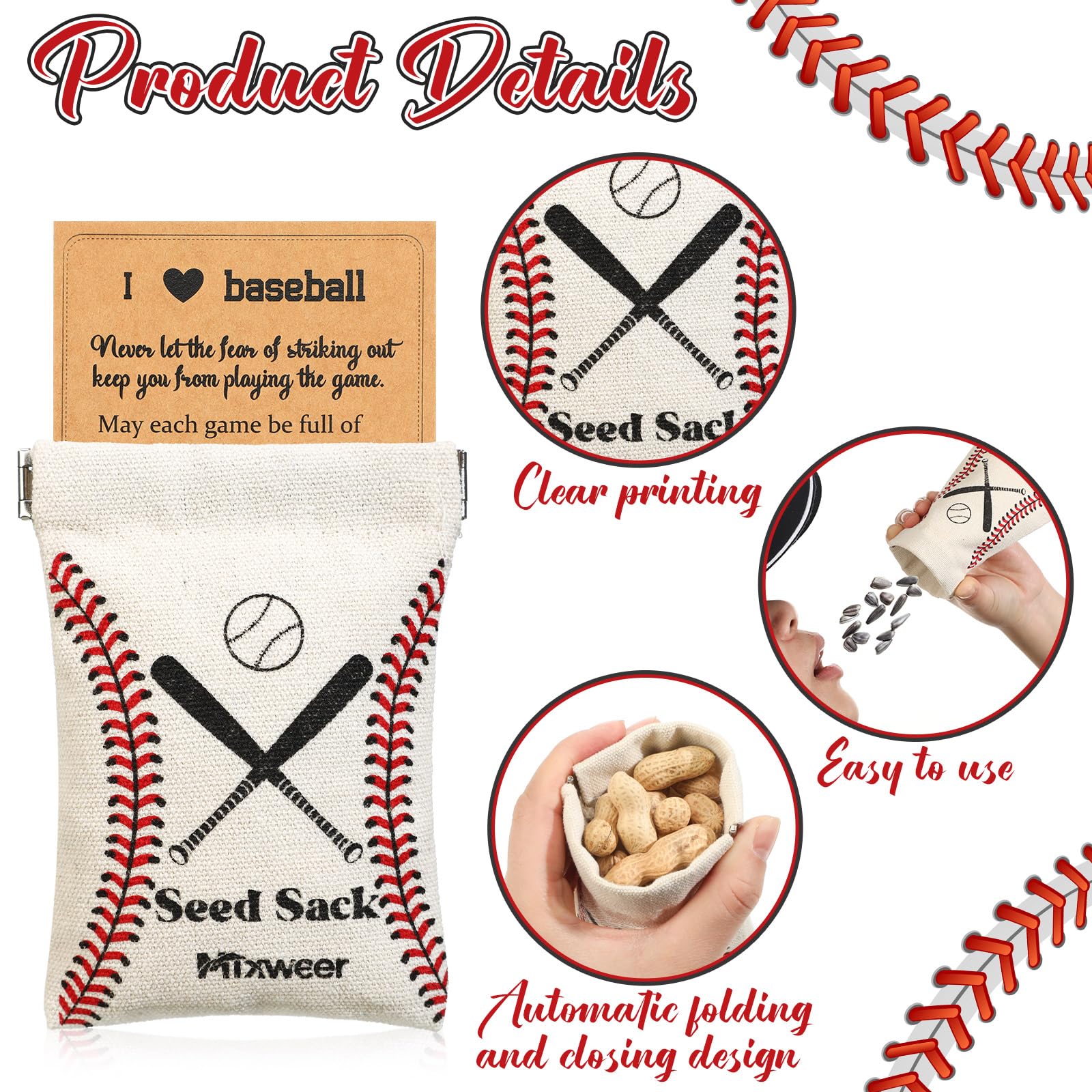Mixweer 12 Sets Seed Pouch Bags with Message Gift Card Baseball Snack Bags Softball Seed Pouch for Players Team Gift for Field Team Party Favors(Beige,Baseball)