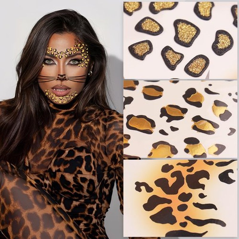 Exlinonline 6Pcs Cheetah Face Stickers, Leopard Skin Face Tattoos for Women, Perfect for Halloween Costume Parties Cheetah Makeup