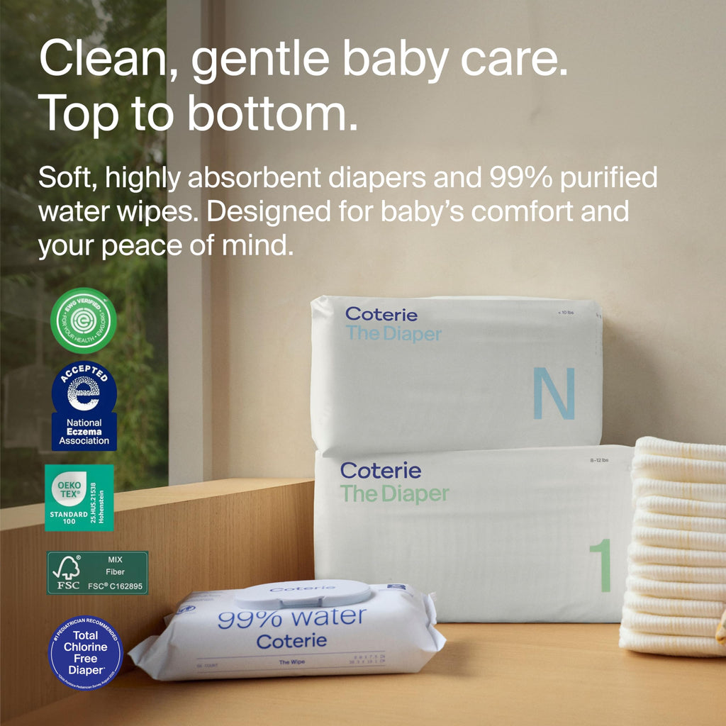 Coterie Baby Wipes + Diapers Kit, Size 1 (99 Count) & Size Newborn Diapers (93 Count), 8 Pack (448) Baby Wipes with 99% Water, Plant Based Materials, Hypoallergenic for Sensitive Skin