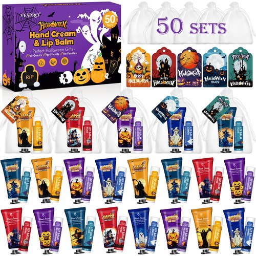 50 Pack Halloween Hand Cream and Lip Balm Set, Bulk Halloween Gifts with Halloween Cards and Organza Bag, Halloween Decorations and Halloween Party Favors Goodies for Women