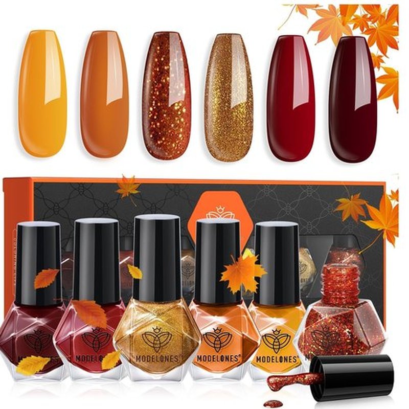 modelones Fall Nail Polish Set, 6 Colors Orange Yellow Red Brown Gold Glitter Quick Dry Remover Manicure Nail Kit Art Manicure DIY Home Salon Gift for Women
