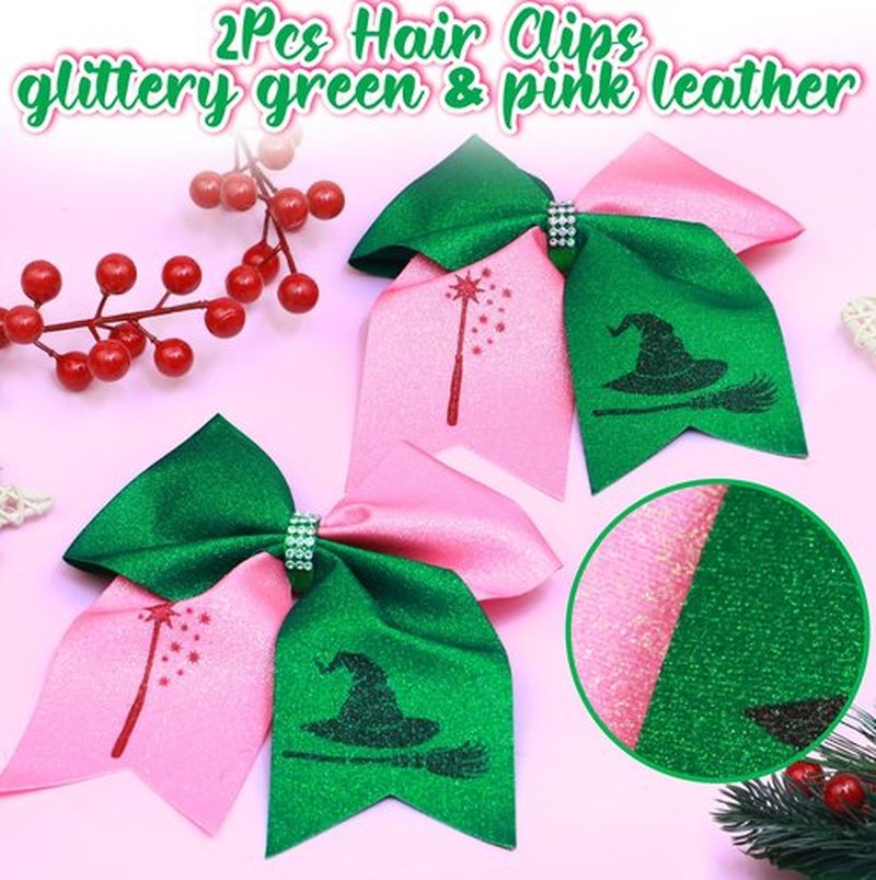 2Pcs Witch Gifts for Women, Witch Merch Hair Accessories Hair Bows for Witch Movie Fans, Pink Green Cute Bow Hair Clips Party Favors