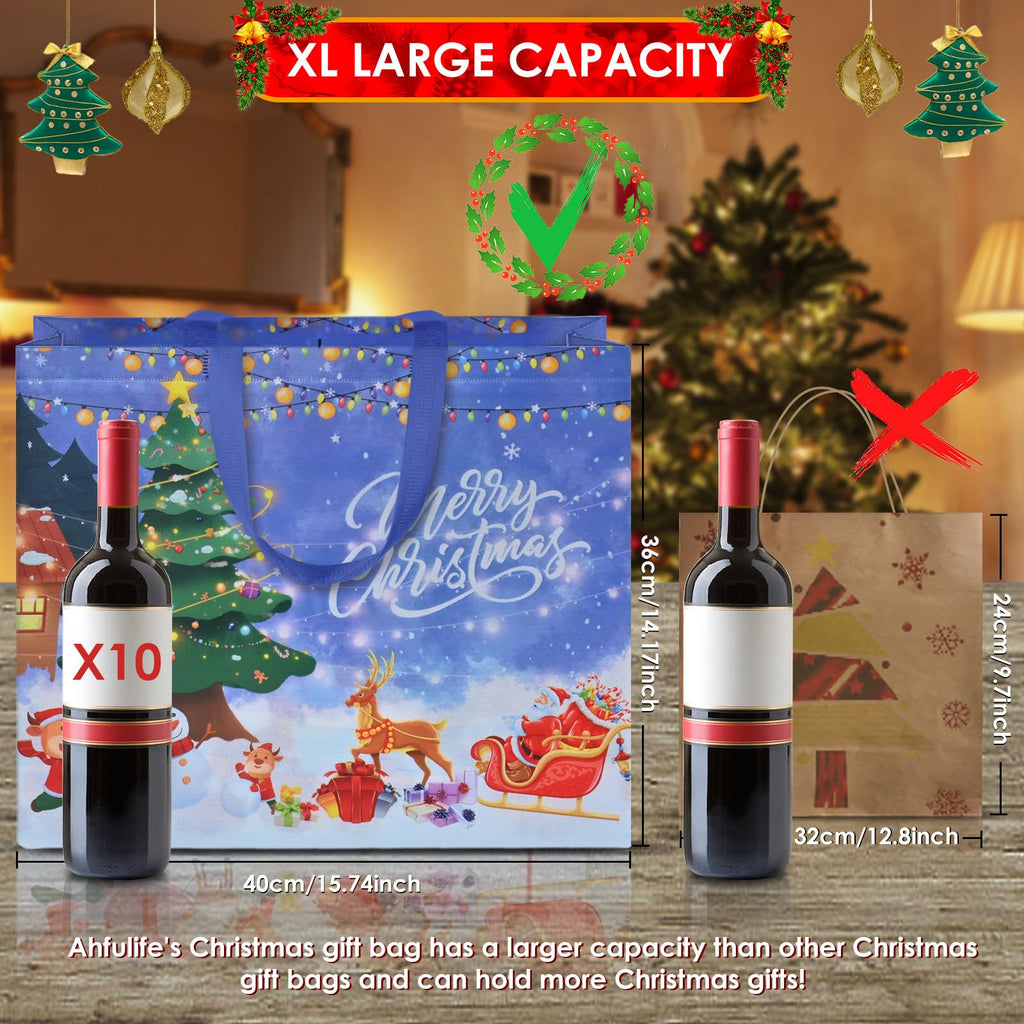 AhfuLife 12PCS Extra Large Christmas Gift Bags, 15.7'' x 14.2''x 5.9'', Christmas Tote Bags with Handles, Reusable Non-woven Shopping Bag for New Year, Xmas's Party Supplies Decorations