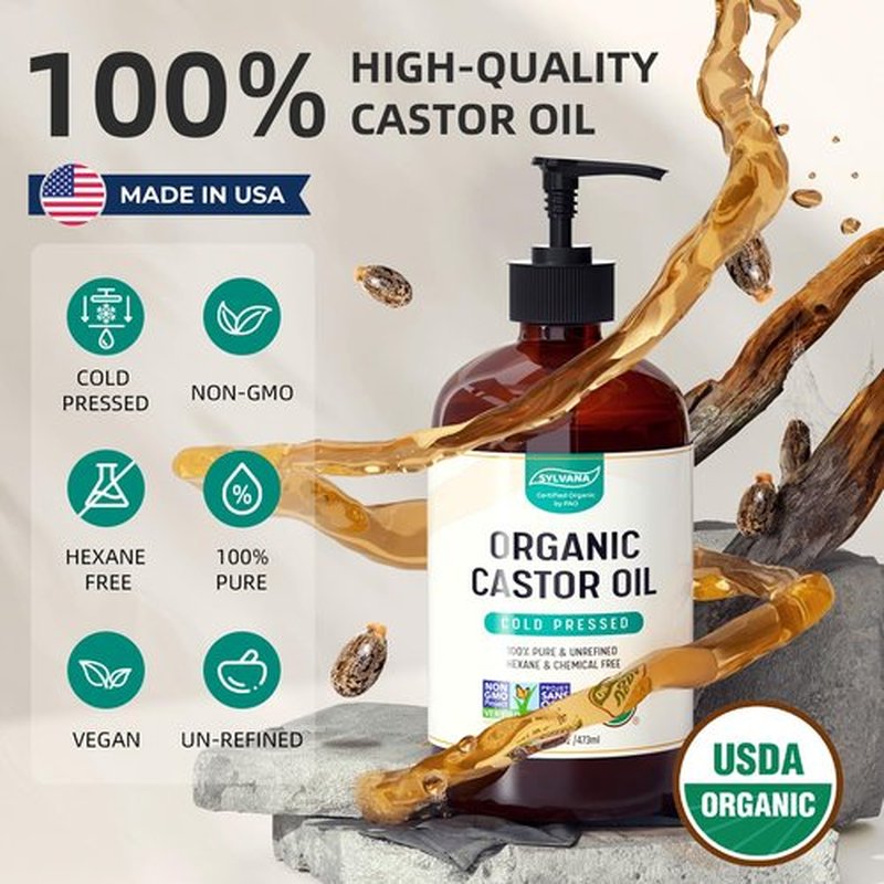 SYLVANA Organic Castor Oil with Pump (16oz Glass Bottle), USDA Certified Organic, Cold Pressed, Hexane Free, Vegan - 100% Pure Castor Oil for Hair Growth, Nourishing Skin, Lashes & Eyebrows
