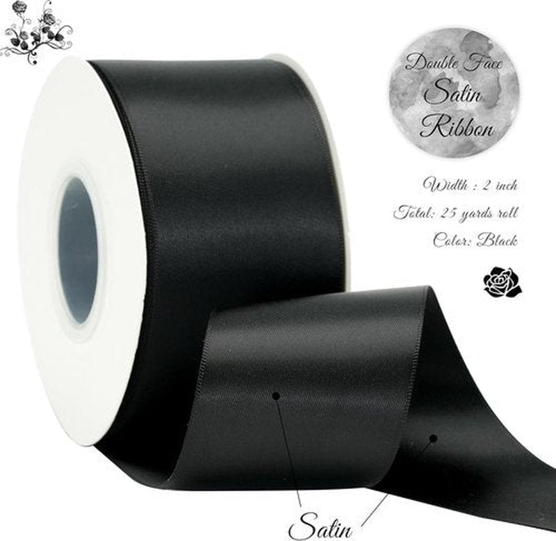 Black Ribbon 2 Inch Double Face Satin Ribbon - Thick Black Wedding & Craft Ribbon | 25 Yards