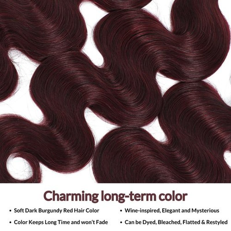99j Dark Burgundy Body Wave 3 Bundles with 4x4 Closure Human Hair HD Lace Free Part, 12A Soft and Glossy #99j Wine Color 100% Brazilian Virgin Remy Hair Bundles with Closure 10 12 14+10 Inch