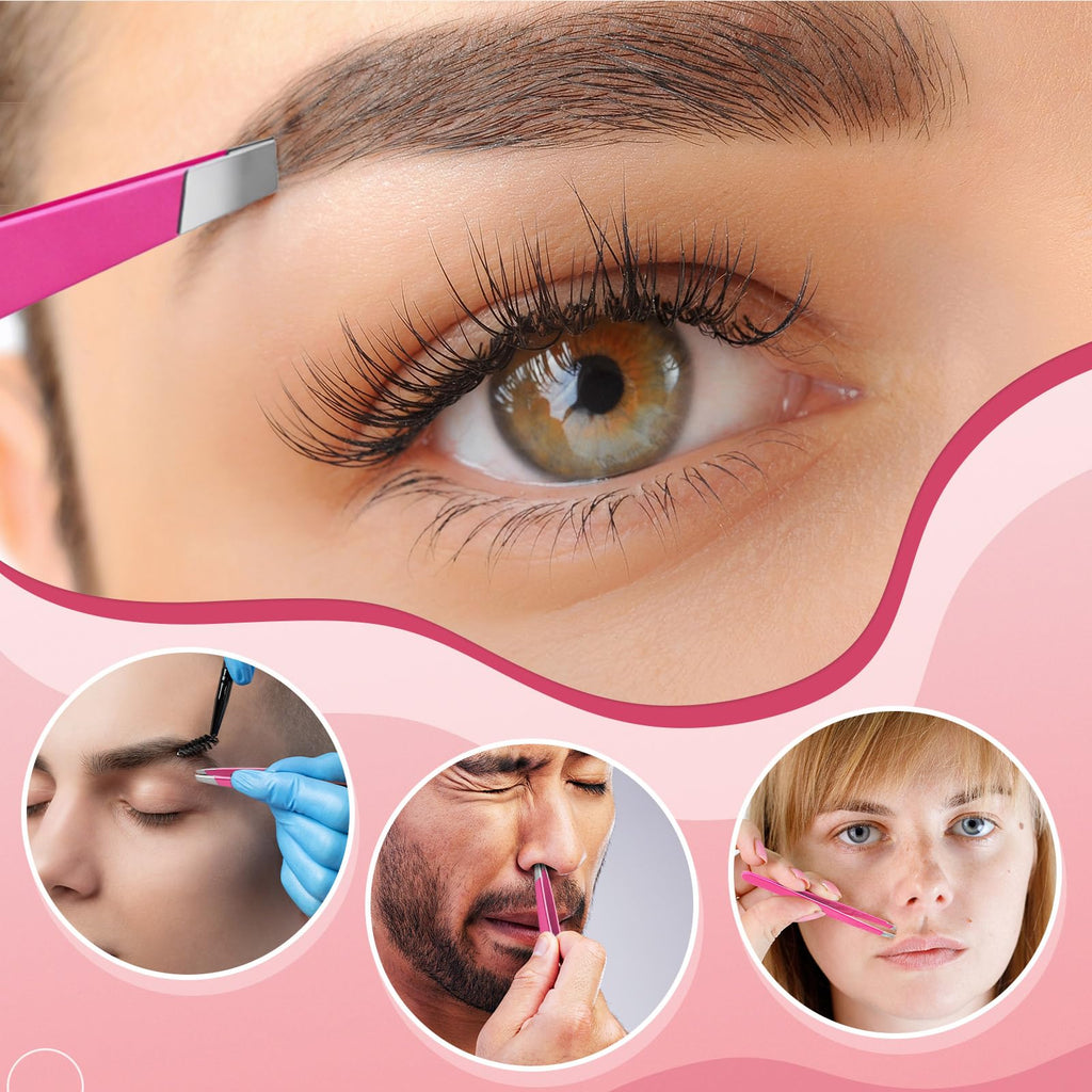 Mudder 24 Pieces Eyebrow Tweezers Bulk Stainless Steel Slanted Tip Precision Tweezers for Facial Hair, Blackhead and Tick Remover, Men and Women Professional(Neon Pink)