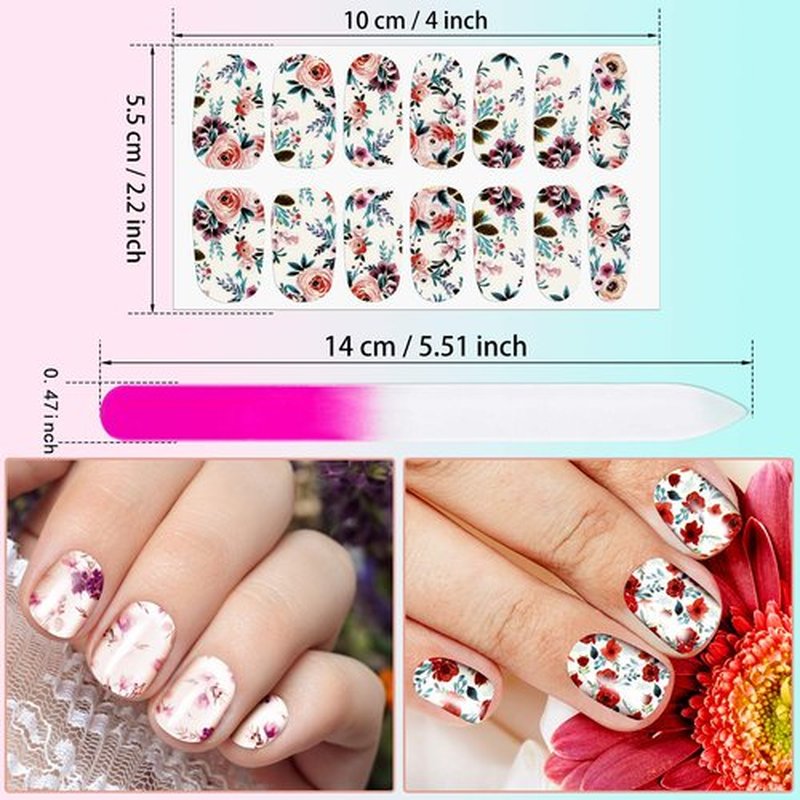 168 Pcs 12 Sheets Full Wraps Nail Polish Stickers Flower Print Self-Adhesive Nail Decal Strips with File Manicure Kits Colorful Flower Full Cover Decal Strips for Women DIY Decoration(Bright Style)