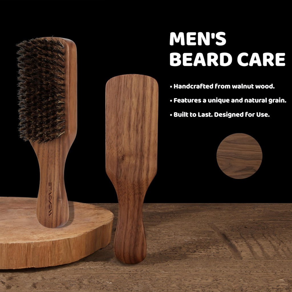 MenGate Boar Bristle Beard Brush for Men - Wooden Mustache Brush and Slick Back Hair Brush with Small Metal Beard Comb, Perfect for Home and Travel Use - Major