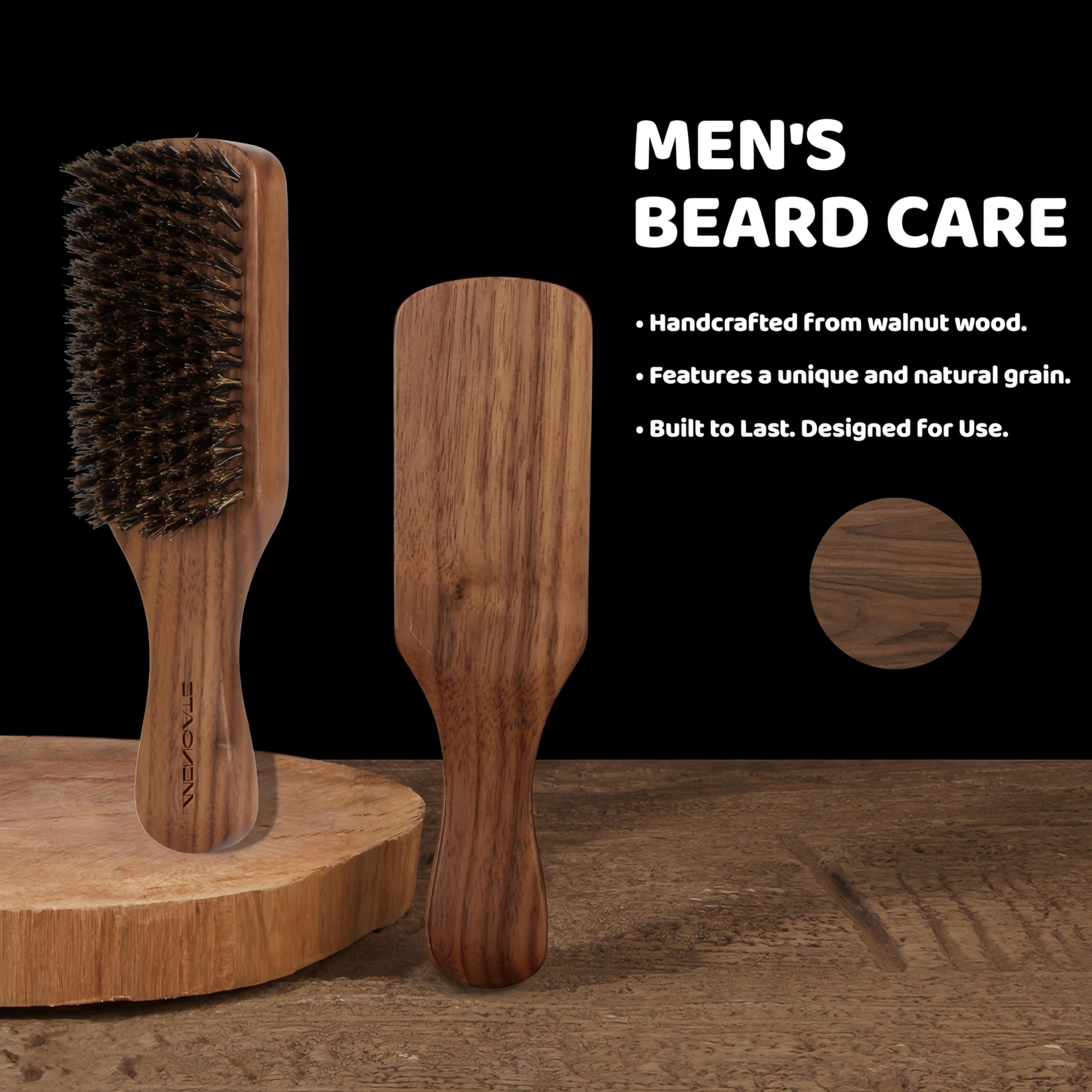 MenGate Boar Bristle Beard Brush for Men - Wooden Mustache Brush and Slick Back Hair Brush with Small Metal Beard Comb, Perfect for Home and Travel Use - Major