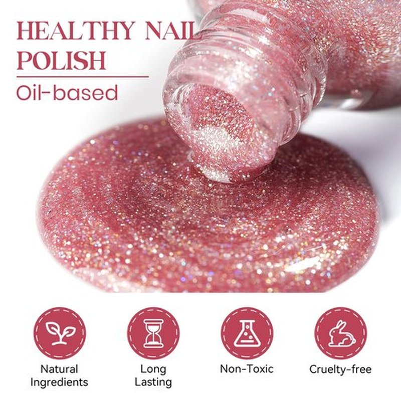 MIZHSE Quick Dry Nail Polish, Glitter Pink Nail Polish Non Gel Air Drying Fast, 15 ml Regular Sparkle Shimmery Oil-based Glitter Nail Lacquer Full Coverage Nail Art Manicure DIY Home