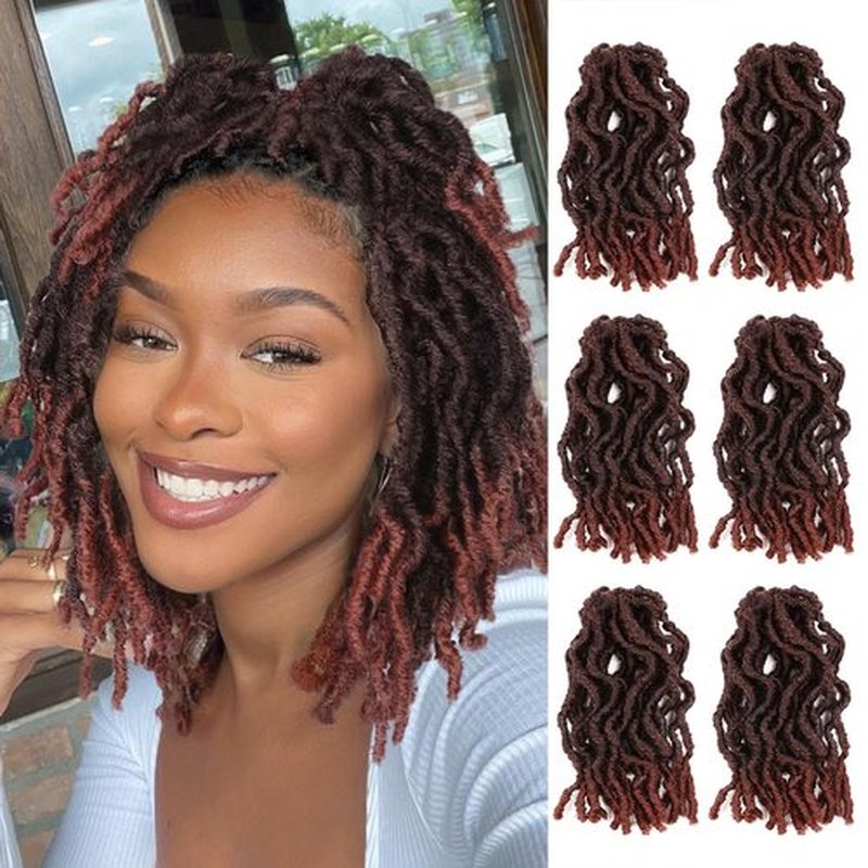 FANCEE Faux Locs Crochet Hair 8 Inches Short Curly Dreadlocks for Black Women Pre Looped Short Wavy Soft Locs Ombre Reddish Brown Crochet Dreads Braiding in Hair Extensions 6 Packs 120 Strands(1B-350)