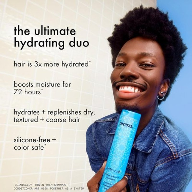 Amika Hydro Rush Intense Moisture Shampoo - Deep Hydration with Hyaluronic Acid | 10 Fl Oz