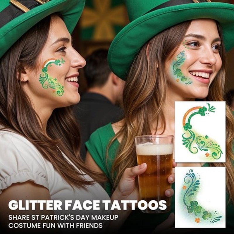 EMOME St Patrick Day Accessories, St Patrick's Day Glitter Shamrock Face Tattoo with Green Face Gems and Faux Freckles, Saint Patrick's Day Makeup Art Decorations Gift for Women