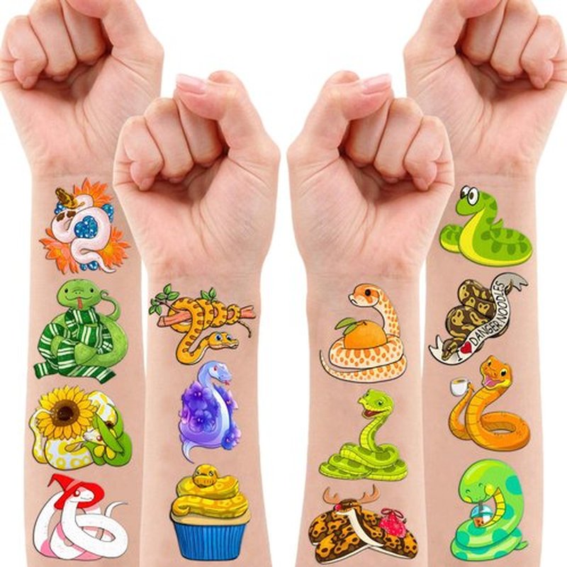 94PCS Cute Snake Temporary Tattoos Themed Reptile Animals Birthday Party Decorations Supplies Favors Decor Jungle Swamp Safari Tattoo Stickers Gifts For Kids Adults Boys Girls School Prizes Carnival