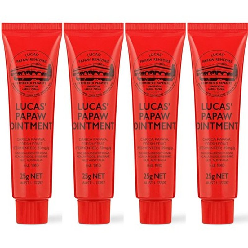 Treats from Home Lucas Pawpaw Lip Ointment, Lucas Pawpaw Cream, Lucas Pawpaw Ointment for Lips & Dry Skin - Unique All Skin Types, All Gender- Any Season Gift Pack with 4 x 25g Pawpaw Balm, Red