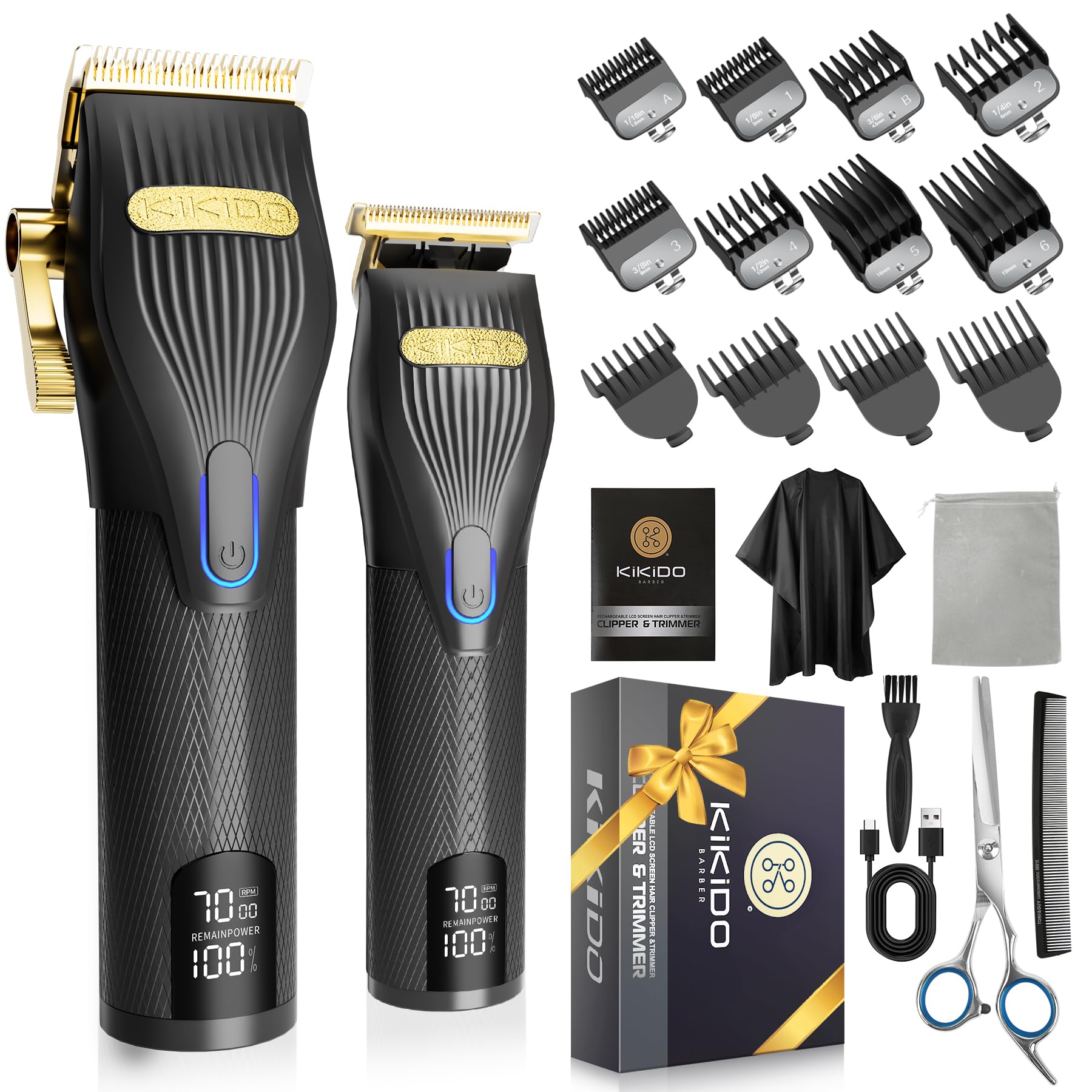KIKIDO Hair Clippers for Men + T-Blade Trimmer Kit, Rechargeable Barber Trimmer with LCD Display & Guide Combs for Hair Cutting, Cordless Hair Clipper, Professional Clippers Set for Home Use