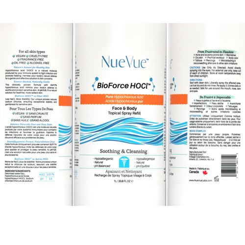 BioForce HOCl Pure Hypochlorous Acid Spray Refill for Face & Body (33 Oz) - Acne-Prone Skin & Eczema, Piercing aftercare, Made in Canada, Gentle Skin Cleanser & Toner, pH Balanced, Non-comedogenic