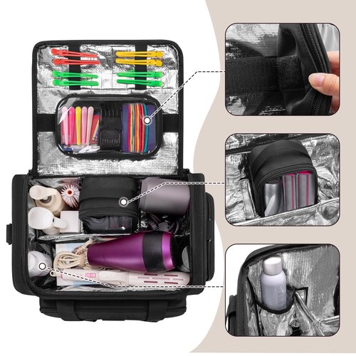 BAFASO Large Insulated Barber Case with a Semi Detachable Divider and 2 Removable Pouches, Hairstylist Traveling Bag Holds Various Hair Cutting Tools, Black
