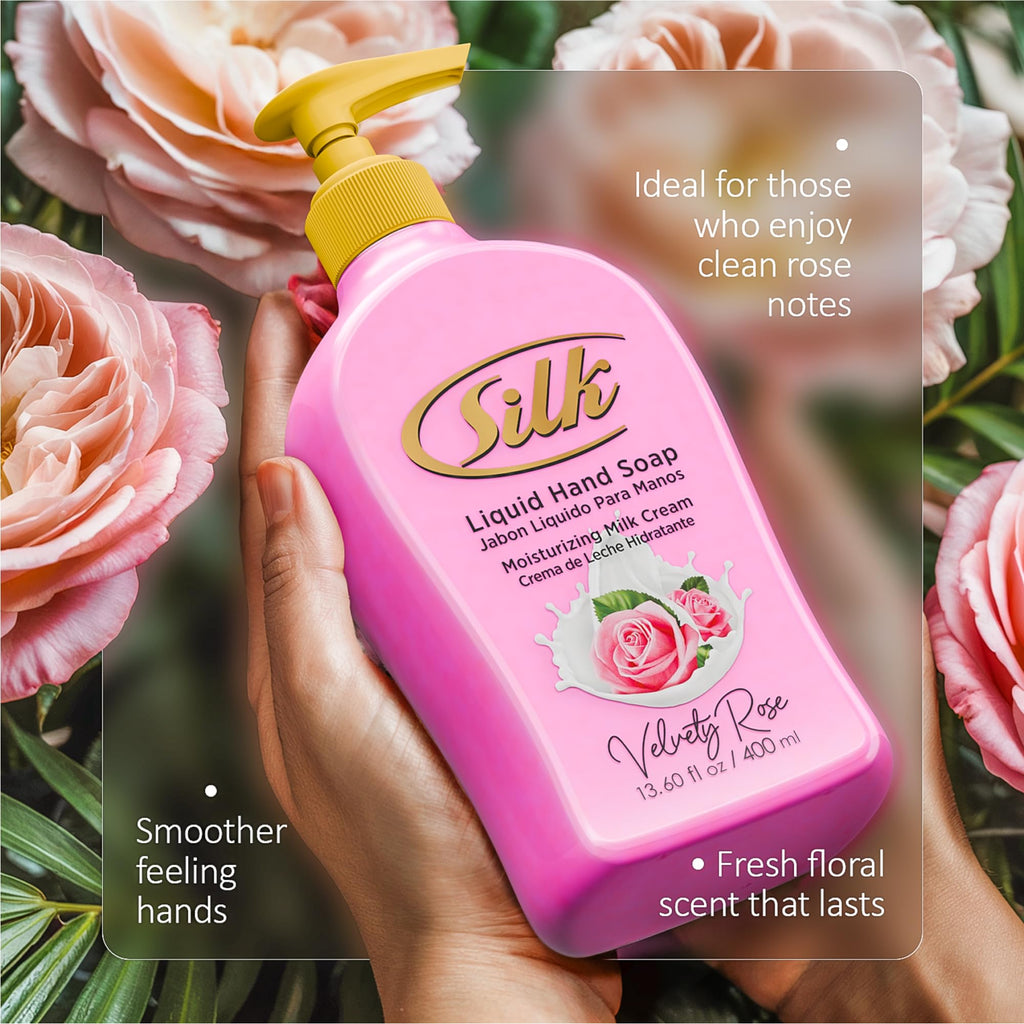 SILK Moisturizing Hand Soap, Liquid Hand Wash with Glycerin - Gentle Cleansing for Kitchen, Bathroom and Office, Rich Lather Pump Bottle, Velvety Rose Scent, 13.60 Fl Oz (Pack of 6)
