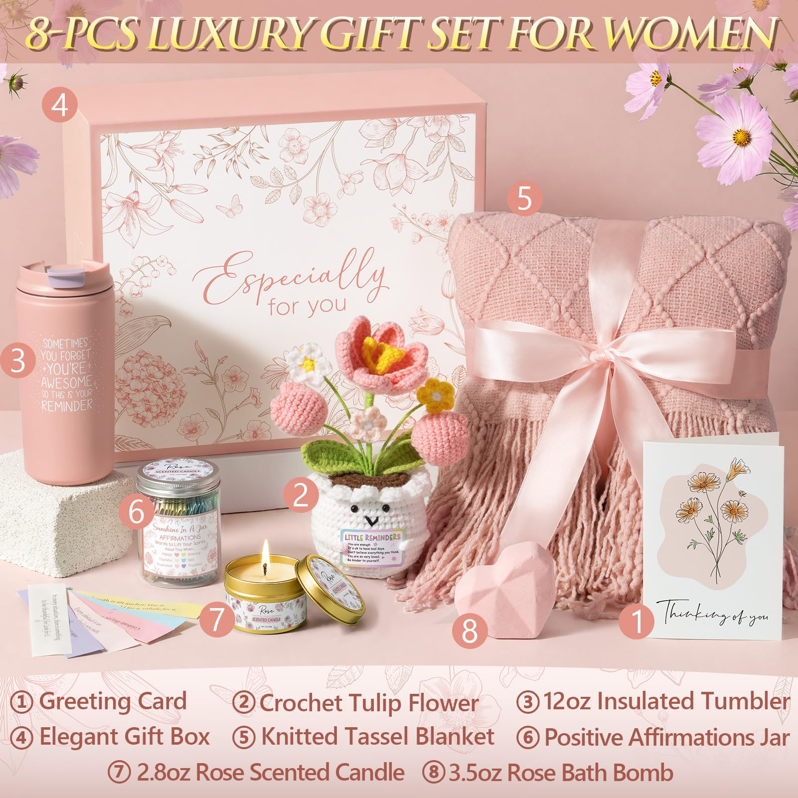 Birthday Gifts for Women Get Well Soon Gift Baskets, Self Care Package for Women w/Crochet Tulip Flower, Spa Sympathy Gift Basket Thinking of You Inspirational Gifts Set for Mom Her Friend Wife Sister