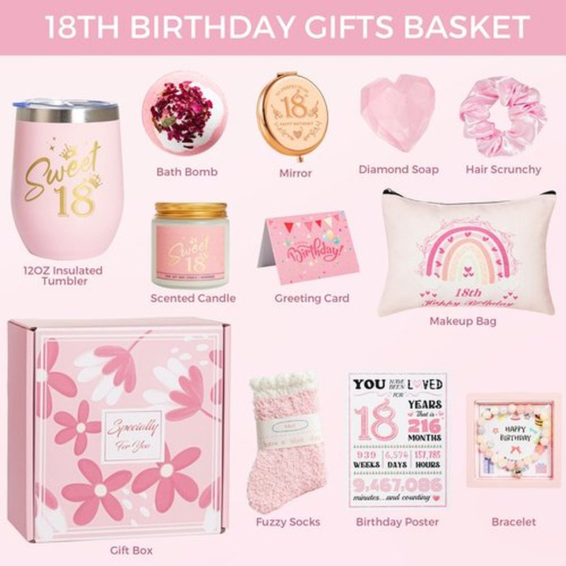 18th Birthday Gifts for Girls, Happy 18th Birthday Gift Ideas Set for Her,Cute Unique Turning To 18 Year Old Birthday Gifts Basket Presents Set for Women,Best Friend, Sister, Daughter,Female