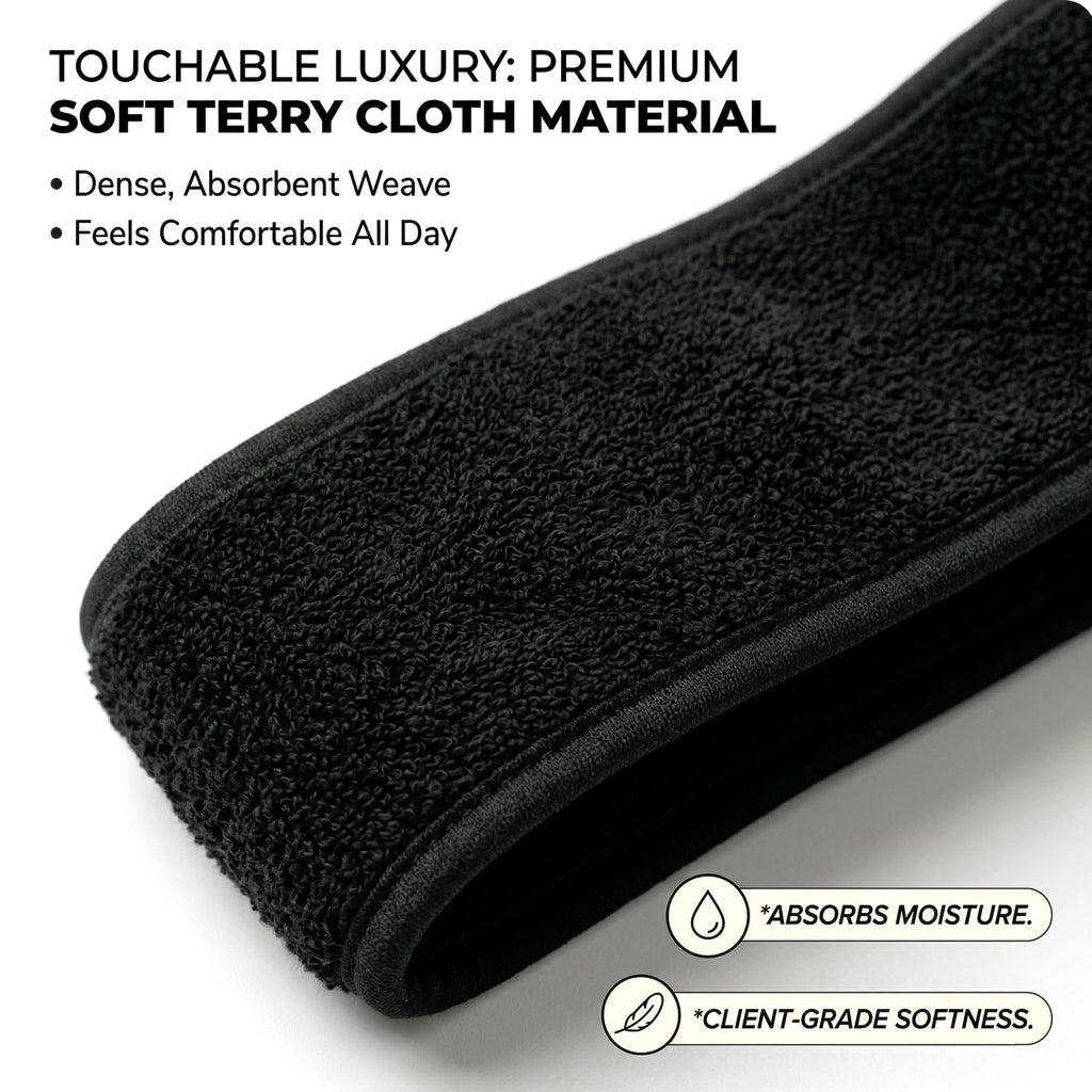 Appearus Spa Facial Headband Stretch Terry Cloth Hair Wraps with Hook and Loop Closure for Salon and Esthetician Use 4 Count Black