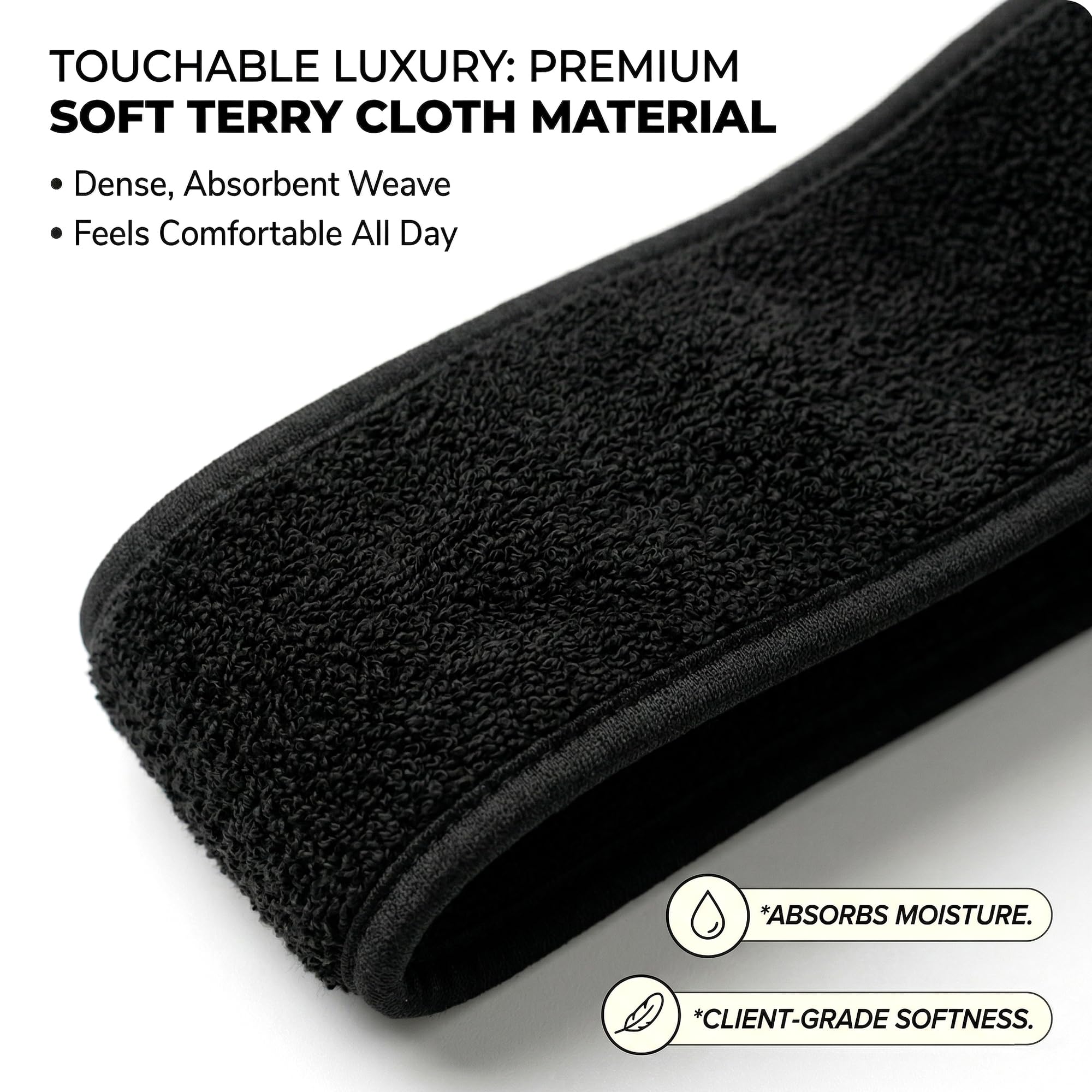 Appearus Spa Facial Headband Stretch Terry Cloth Hair Wraps with Hook and Loop Closure for Salon and Esthetician Use 4 Count Black