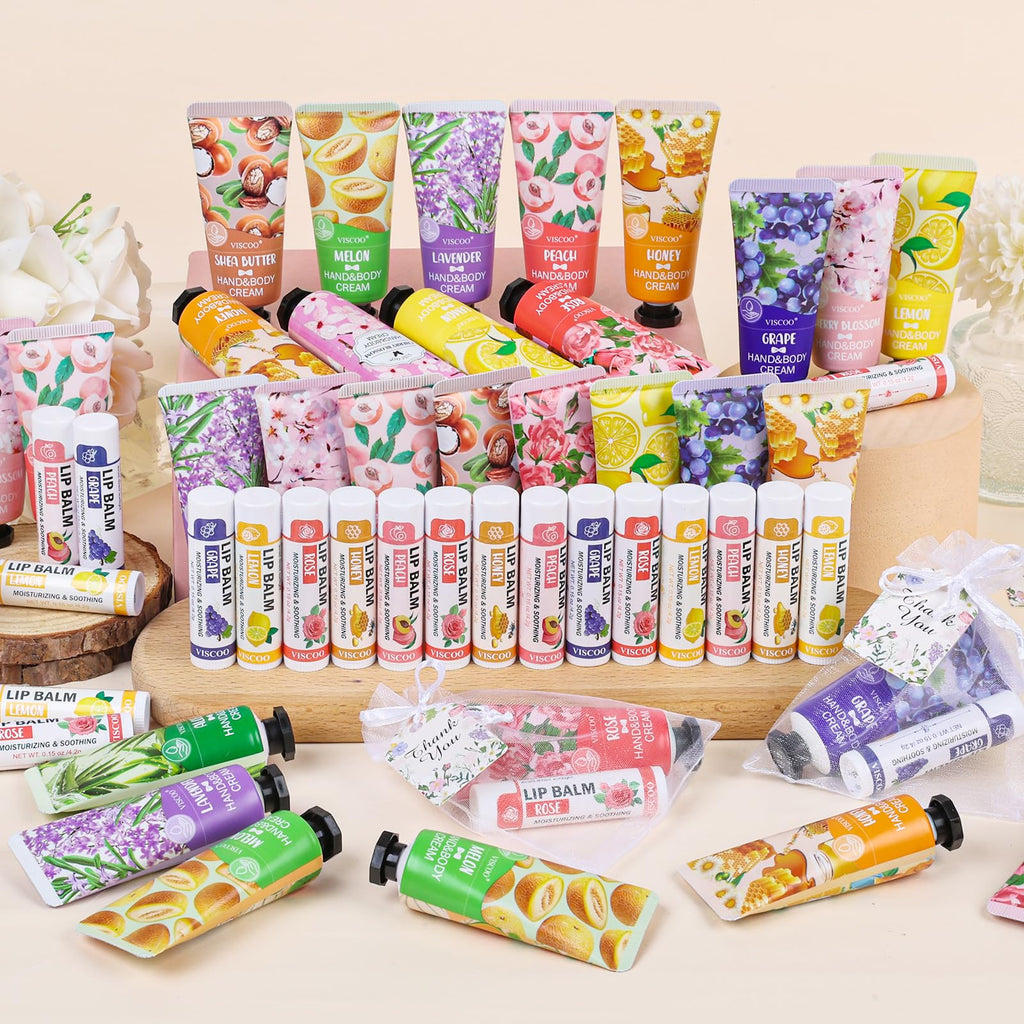 VISCOO 80 Pack Bulk Lip Balm and Hand Cream Set, Teacher Appreciation Gifts/Graduation Gifts, Nurses Week Gift, Thank You Bridal Wedding Favors for Guests, Small Gift for Women Birthday