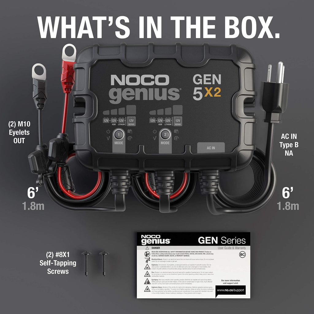 NOCO Genius GEN5X2: 2-Bank, 10A Onboard Battery Charger - 5A Per Bank, 12V Waterproof Marine Charger with Overcharge Protection & Temperature Compensation – for Lead-Acid & Lithium Batteries