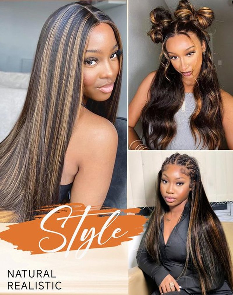 KUKIM 30 Inch Ombre Straight Wigs Human Hair 13x6 HD Transparent Lace Front Wigs Human Hair Pre Plucked 200 Density Highlight Real frontal Wig Can Last 6-9 Months Tangle-Free Natural Black for Women